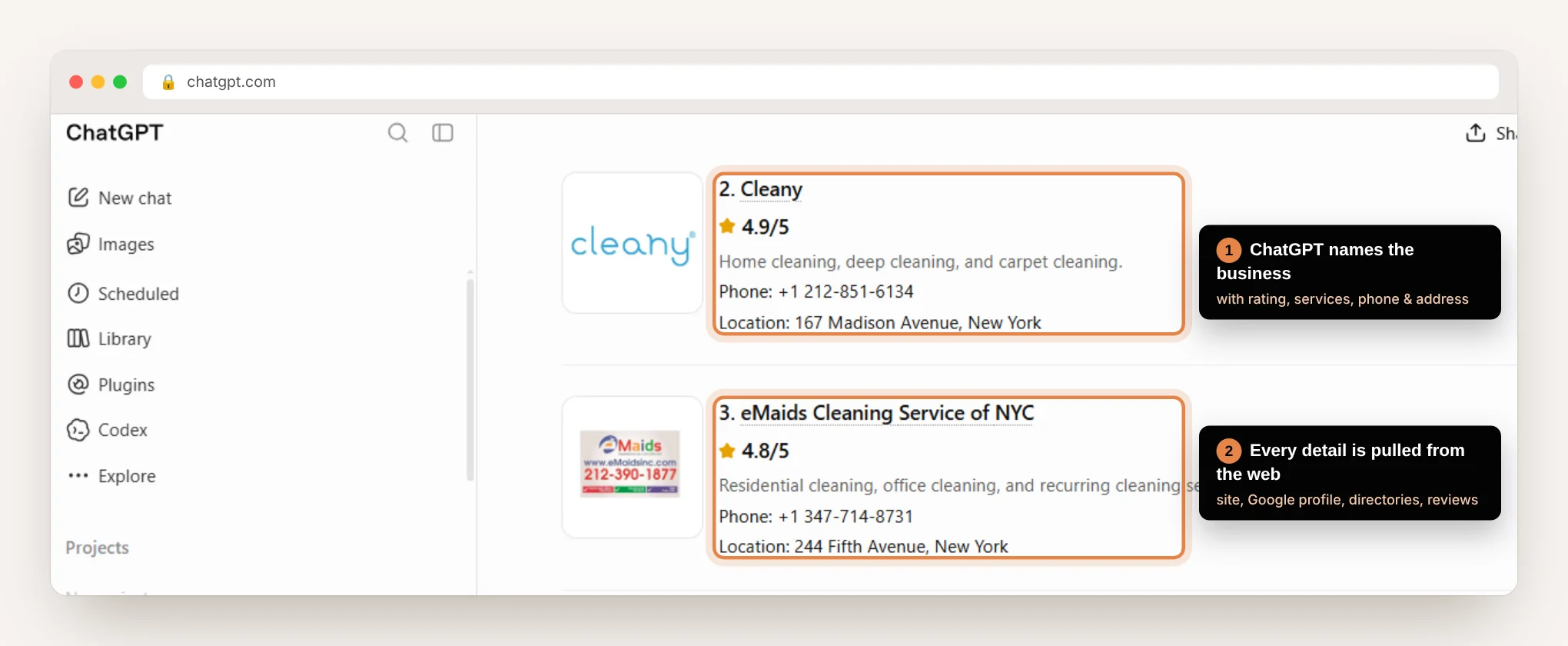 ChatGPT answer recommending cleaning companies in New York with rating, services, phone number and address