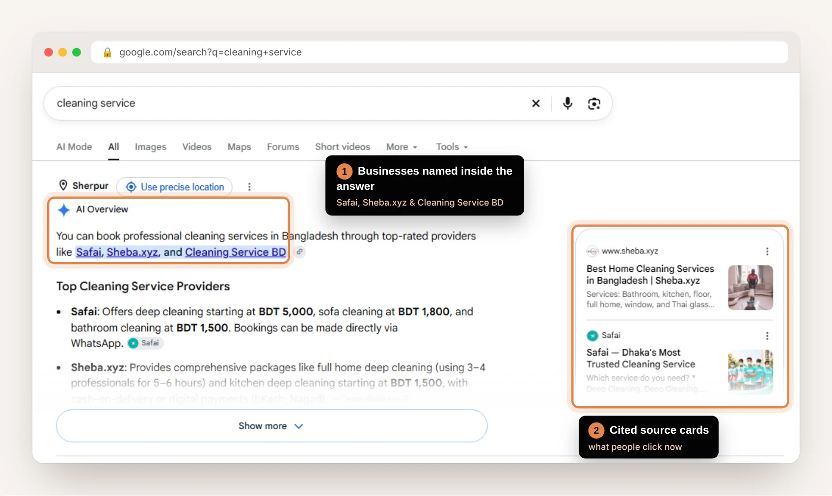 Google AI Overview for the search cleaning service, naming Safai, Sheba.xyz and Cleaning Service BD and showing cited source cards