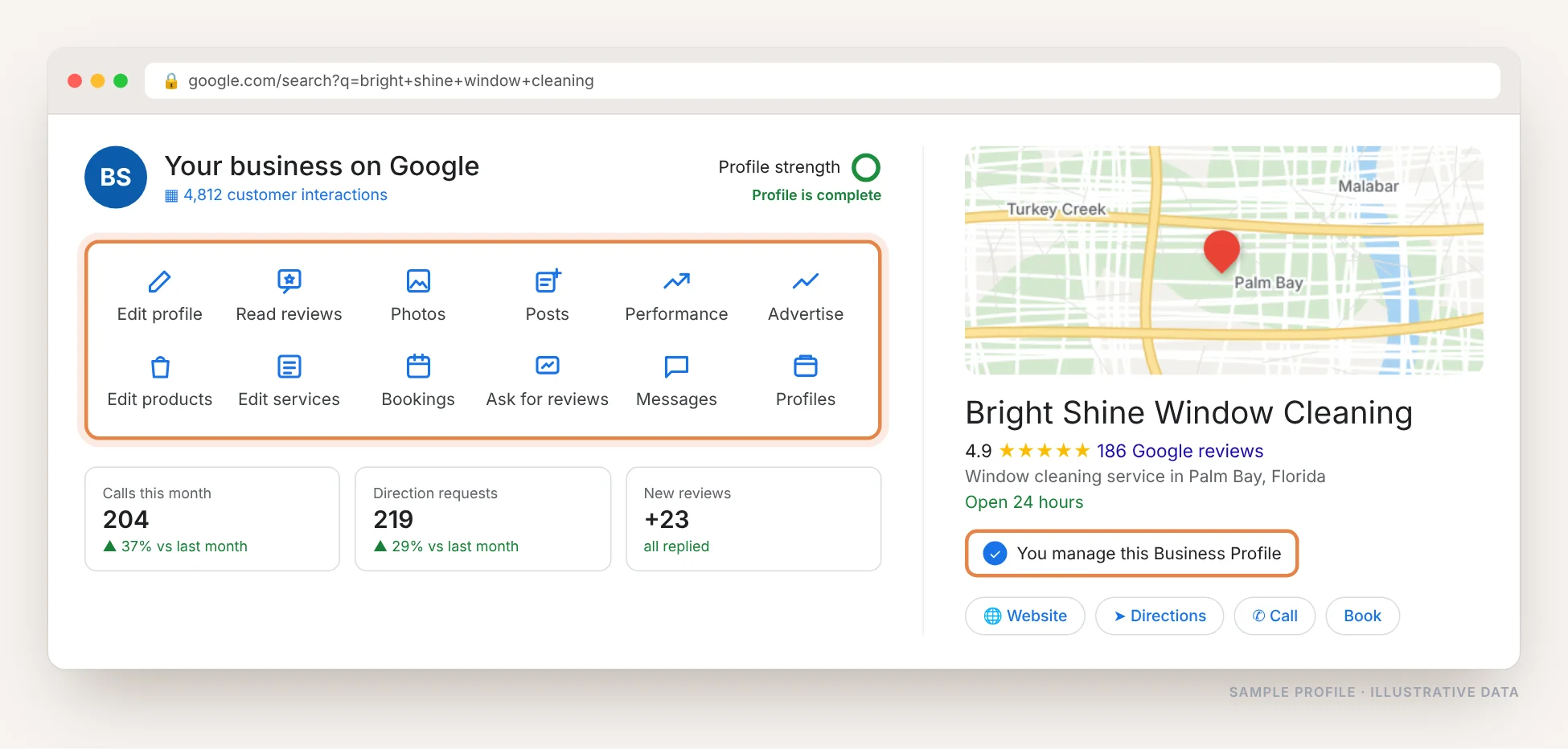 Verified Google Business Profile for a window cleaning service in Palm Bay, Florida, with 4.9 rating from 186 reviews, complete profile and 4,812 customer interactions
