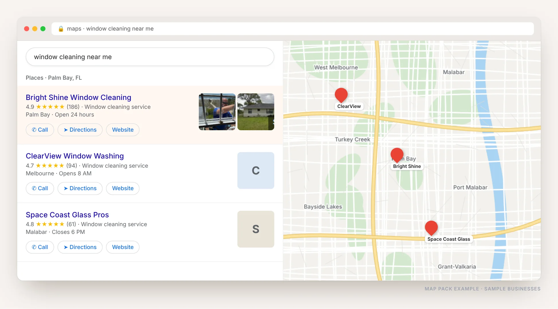 Google Maps local results for window cleaning near me showing three businesses with ratings, Call, Directions and Website buttons