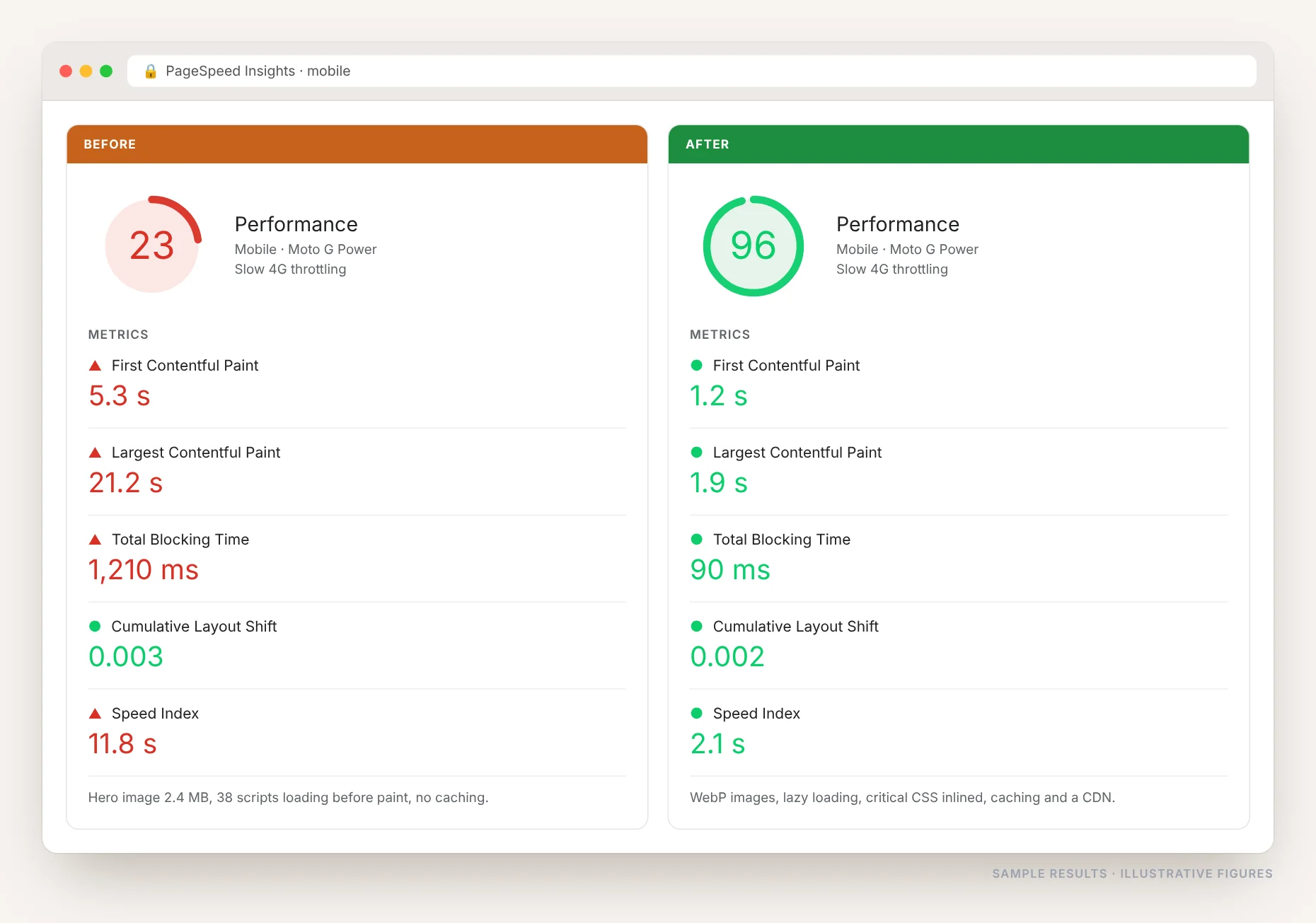 PageSpeed Insights mobile results before and after: performance 23 with LCP 21.2 seconds, then performance 96 with LCP 1.9 seconds