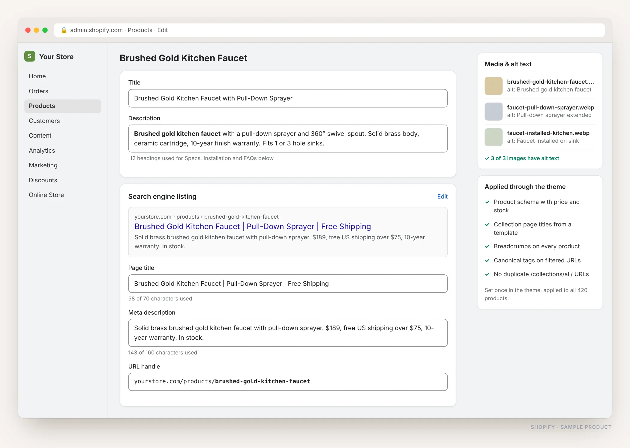 Shopify product editor with the search engine listing section showing page title, meta description and URL handle, plus image alt text and theme-level schema settings
